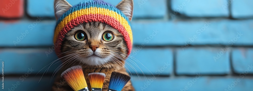custom made wallpaper toronto digitalCat in rainbow knit hat holding brushes, blue background, studio lighting, creative theme