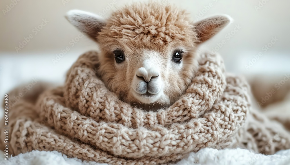 Fototapeta premium Fluffy alpaca in beige knitted scarf, laying on white floor, studio lighting, direct gaze, minimalist style