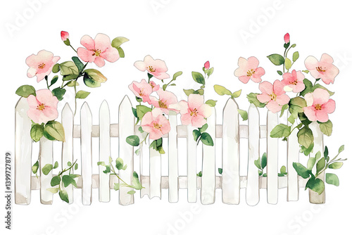 Fototapeta Naklejka Na Ścianę i Meble -  watercolor illustration of a white picket fence adorned with soft pink flowers and green leaves evoking a serene and charming garden atmosphere
