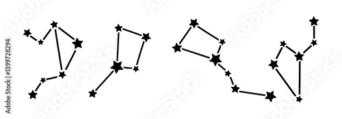 Bootes, Libra, Ursa Major constellations. Vector icon set. Hand drawn simple doodle, stars on the night sky. Symbol of astronomy, astrology, magic, horoscope. Black and white sketch for posters, print