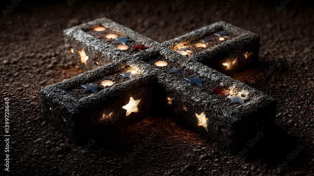 A glowing stone cross formation with embedded stars rests on dark textured ground creating a mystical and symbolic scene. A glowing stone cross formation with embedded stars rests on dark textured ground creating a mystical and symbolic scene.