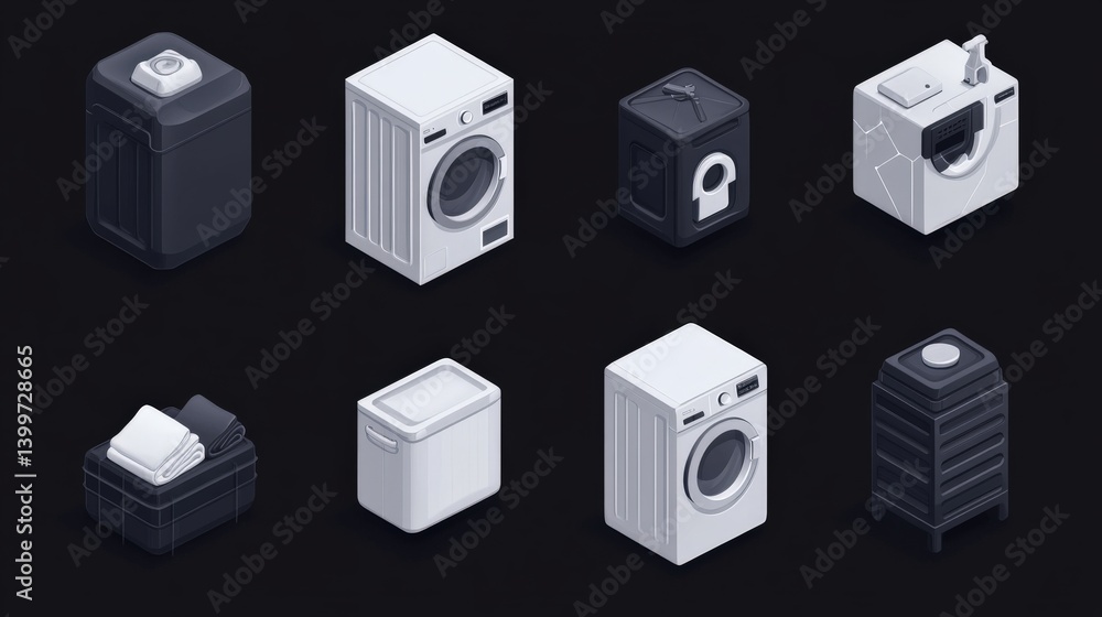 A collection of modern laundry appliances displayed on a dark background, showcasing various designs A collection of modern laundry appliances displayed on a dark background, showcasing various designs