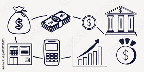 A vector set of business and finance icons showcases various symbols like computer, phone, web, mail, graph, money, and communication designs for internet and mobile technology in an office setting