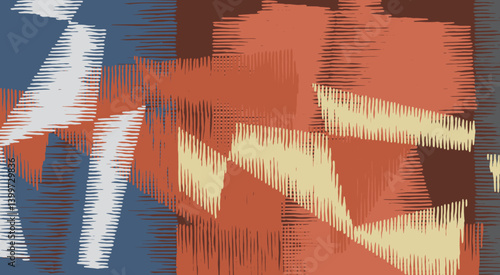 Colorful hand drawn brush lines abstract geometric ikat pattern, Japanese and ethnic wood carving, engraving, weaving texture background, simple graphic for carpet, textile