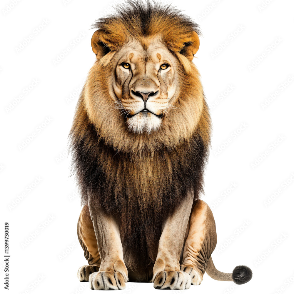 Majestic lion with a full mane, standing proudly and isolated on white background, perfect for wildlife-themed designs. Majestic lion with a full mane, standing proudly and isolated on white background, perfect for wildlife-themed designs.