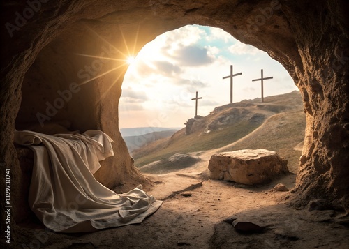 ethereal golgotha scene radiant holy cross dramatic suggests the moment of resurrection—triumph over death and the dawn of new hope. Text highlight 