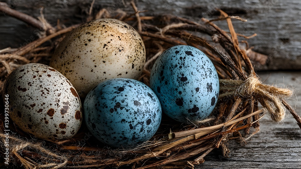 Obraz premium Four speckled bird eggs led together in a rustic twig on a weathered wooden surface.