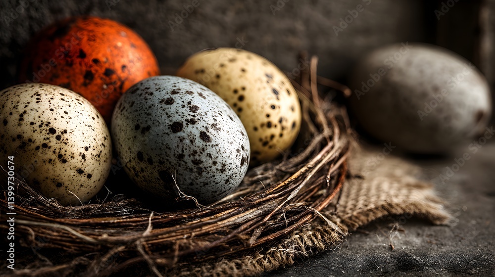 Four speckled bird eggs rest in a rustic woven on a burlap background with another egg slightly out of focus. Four speckled bird eggs rest in a rustic woven on a burlap background with another egg slightly out of focus.