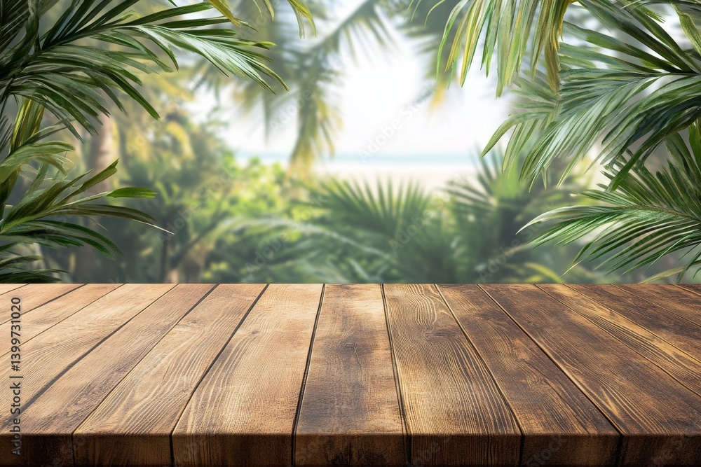 Fototapeta premium Wooden table top with tropical jungle background