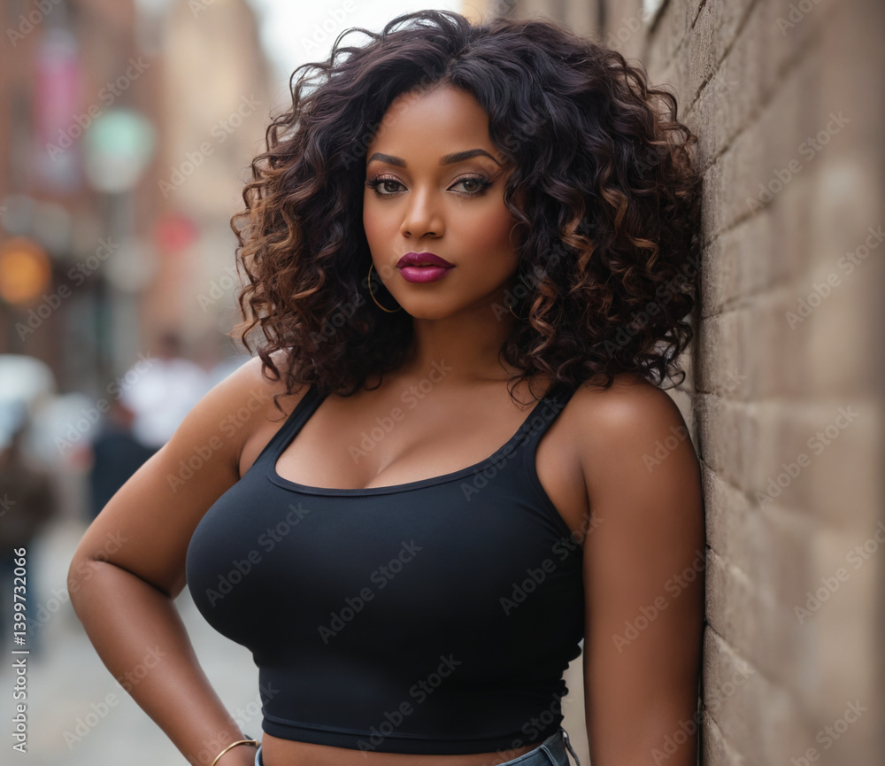Fototapeta premium Confident Black woman with curly hair in crop top leaning on wall