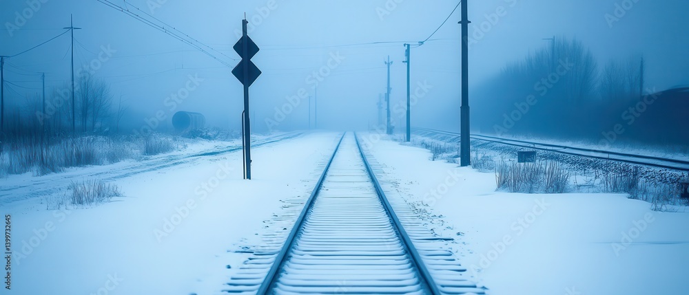 Snowy railroad tracks vanish in fog; winter landscape Snowy railroad tracks vanish in fog; winter landscape