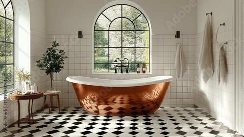 Copper bathtub in tiled bathroom with garden view