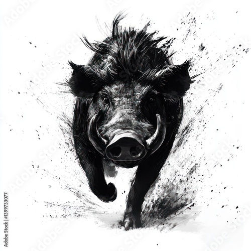 Charging boar, forest, monochrome, wildlife art, t-shirt print