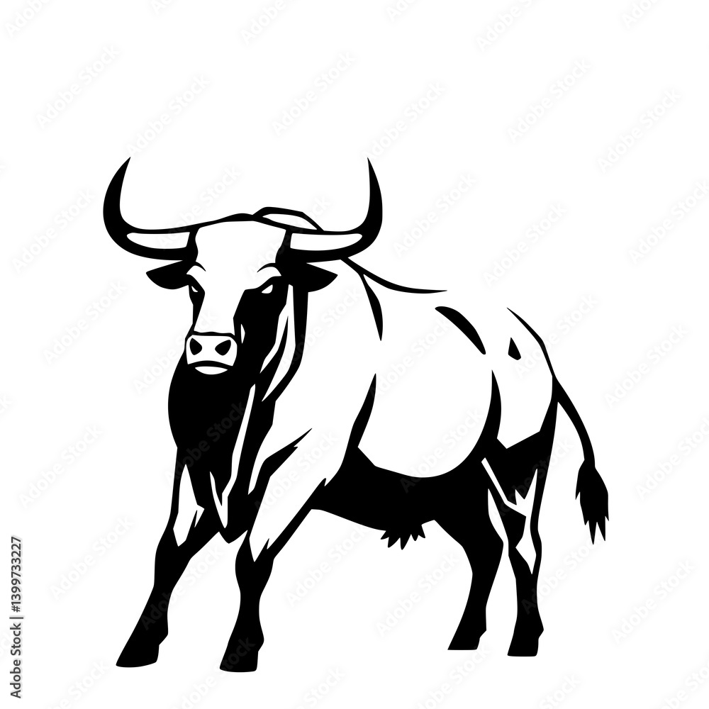 Powerful Bull Silhouette: A bold, monochrome illustration depicts a strong bull, its large horns and muscular physique rendered in striking black and white. Powerful Bull Silhouette: A bold, monochrome illustration depicts a strong bull, its large horns and muscular physique rendered in striking black and white.