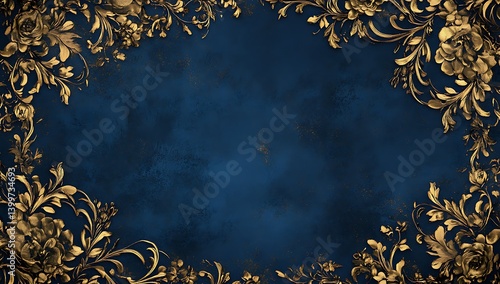 Luxurious and Royal Design with Blue Background and Elegant Golden Floral Border