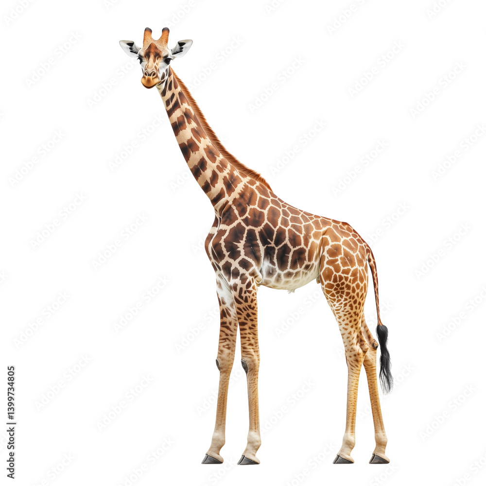 Obraz premium Graceful giraffe standing tall, detailed pattern and long neck, isolated on white background, ideal for educational or design use.