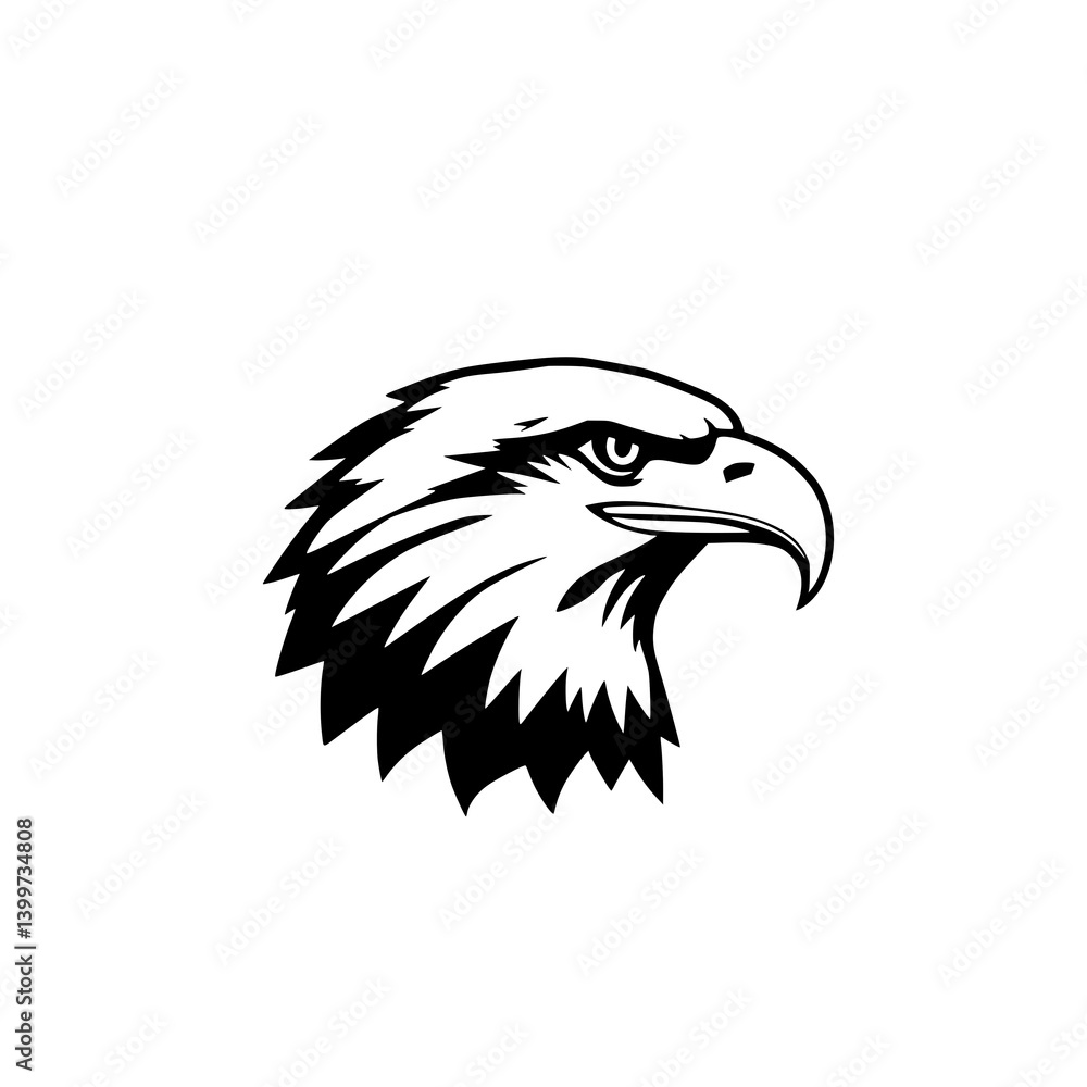 Fototapeta premium Eagle Head Profile: A bold, monochrome illustration depicts a majestic eagle's head in profile, showcasing its sharp beak and intense gaze.