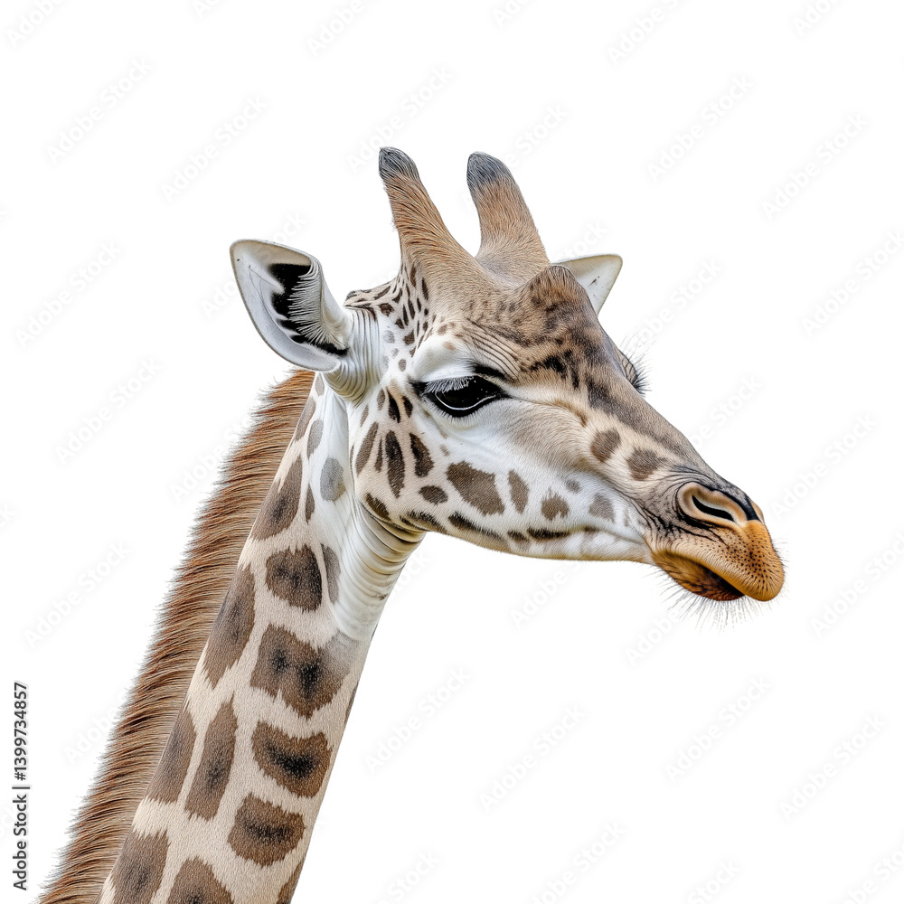 Graceful giraffe standing tall, detailed pattern and long neck, isolated on white background, ideal for educational or design use. Graceful giraffe standing tall, detailed pattern and long neck, isolated on white background, ideal for educational or design use.