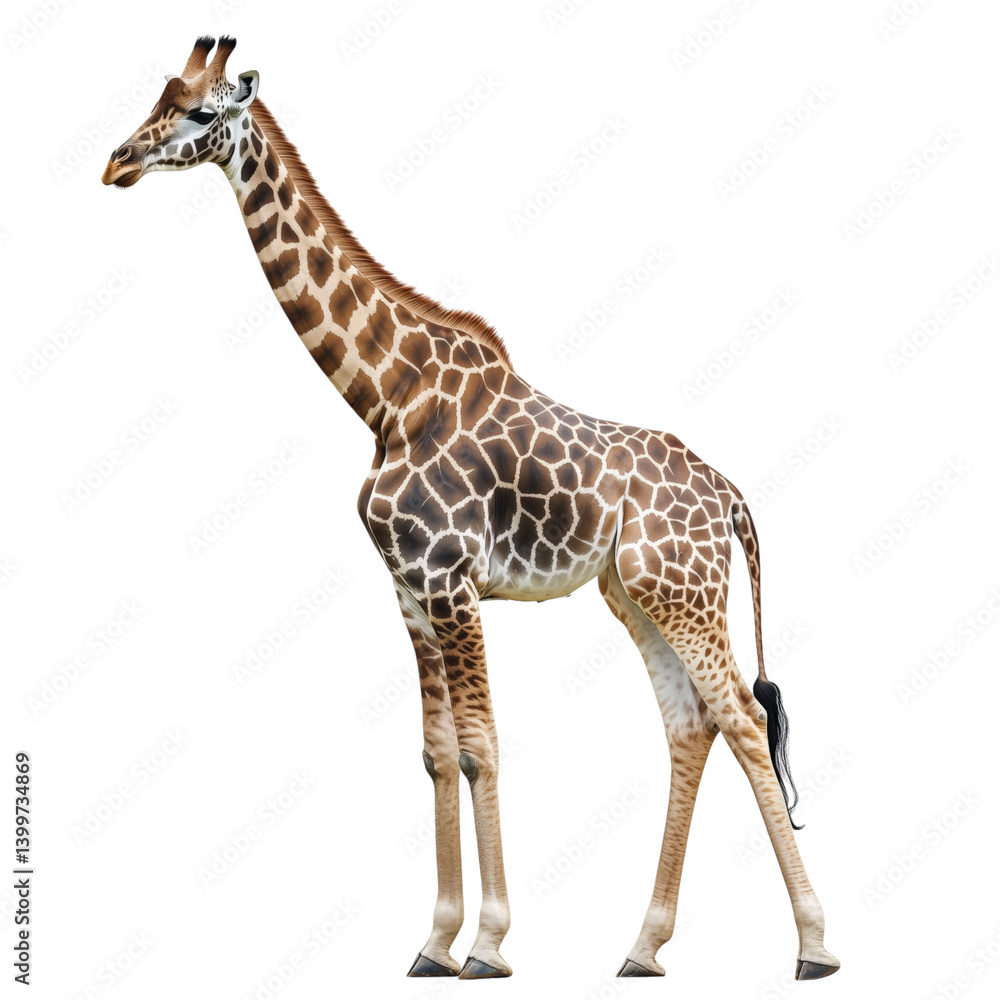 Fototapeta premium Graceful giraffe standing tall, detailed pattern and long neck, isolated on white background, ideal for educational or design use.