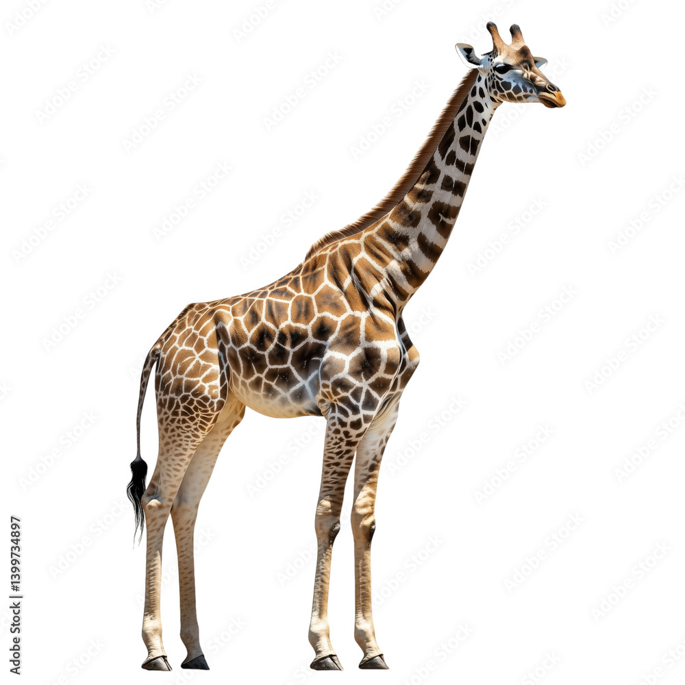 Naklejka premium Graceful giraffe standing tall, detailed pattern and long neck, isolated on white background, ideal for educational or design use.