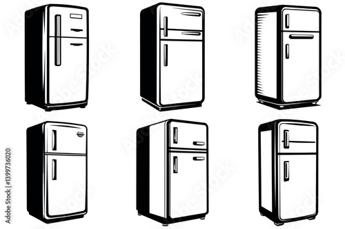 Collection of Six Vintage Refrigerator vector illustration Illustrations Black and White Designs