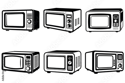 Collection of Six Retro Style vector illustration Microwave Oven Illustrations Black and White