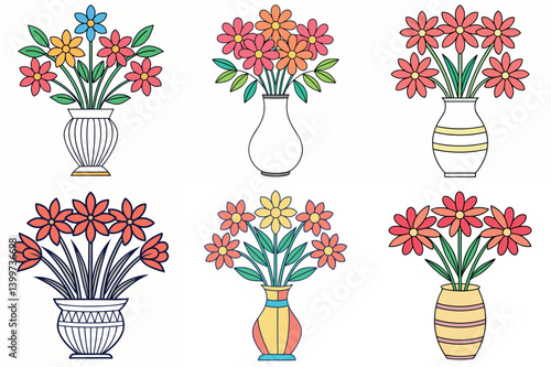 Colorful Flower Arrangements in Decorative Vases vector illustration A Collection of Six Unique Floral Designs