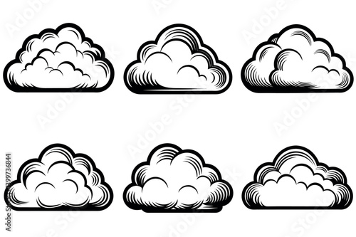 Collection of Six Vintage Style Cloud vector illustration Illustrations Black and White Weather Nature