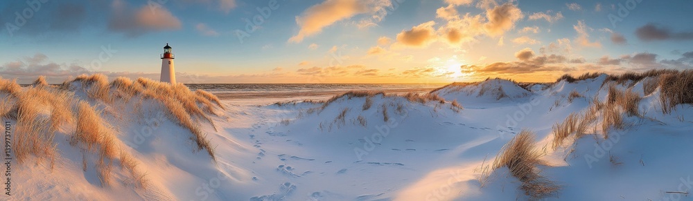 Winter Sunrise Over Snowy Dunes and Lighthouse Winter Sunrise Over Snowy Dunes and Lighthouse