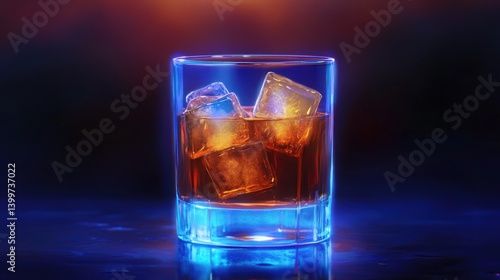 Wallpaper Mural A glass of whiskey with ice cubes, glowing in blue and orange light, creating a vibrant atmosphere Torontodigital.ca