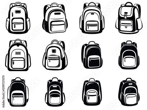 Twelve Different Backpack Designs vector illustration Black and White Illustrations Collection