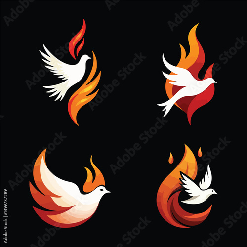 Four Symbolic Images of Holy Spirit Dove with Fire