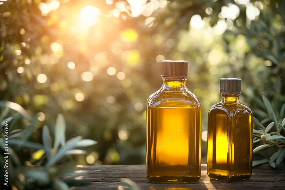 Sunlit Olive Oil Bottles on Rustic Table Amidst Lush Olive Grove Sunlit Olive Oil Bottles on Rustic Table Amidst Lush Olive Grove