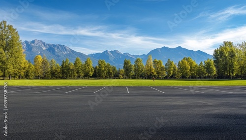 Fototapeta Naklejka Na Ścianę i Meble -  Empty parking lot, serene landscape, autumnal vista. Lush green grass, dense trees, mountains, clear blue sky