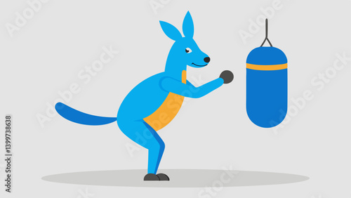 Jumping Jab The kangaroo is shown in midair exeing a jump and delivering a quick jab to a punching bag. Its gloves are bright blue contrasting with the neutral gym setting. The