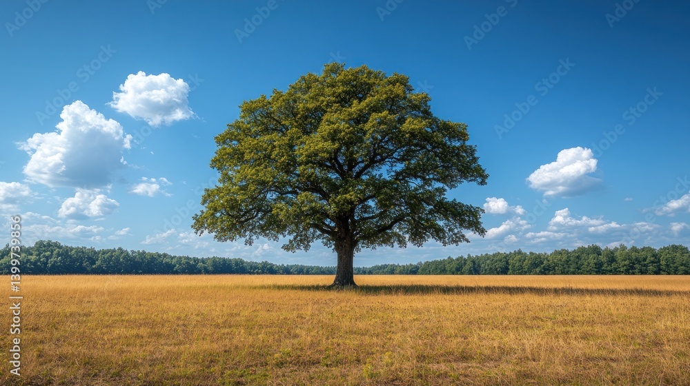 Solitary Oak in Golden Field under a Summer Sky Solitary Oak in Golden Field under a Summer Sky