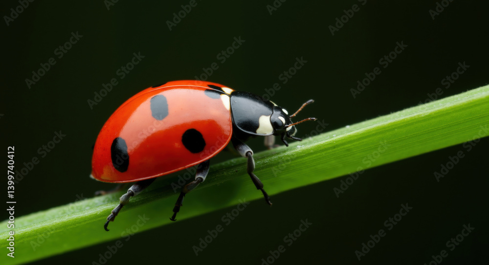 Fototapeta premium Ladybug crawling on green grass stem against dark background. Beneficial insect concept for natural pest control and garden ecosystem