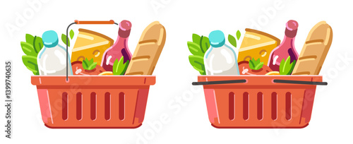 Full red shopping basket filled with various food products. Grocery store concept flat design cartoon