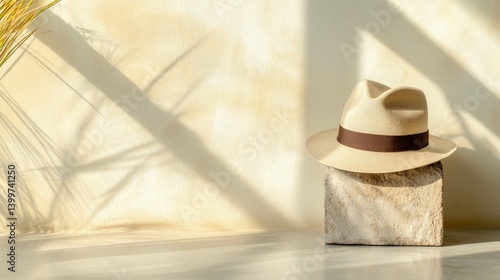 A stylish fedora perched on a sculptural bust under soft directional lighting