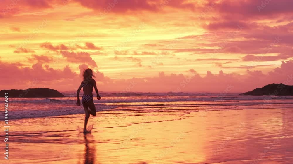 A joyful and carefree girl enthusiastically runs along the picturesque shoreline of Costa Rica at sunset, with a vibrant orange and soft pink sky beautifully reflecting on the calm, serene water A joyful and carefree girl enthusiastically runs along the picturesque shoreline of Costa Rica at sunset, with a vibrant orange and soft pink sky beautifully reflecting on the calm, serene water