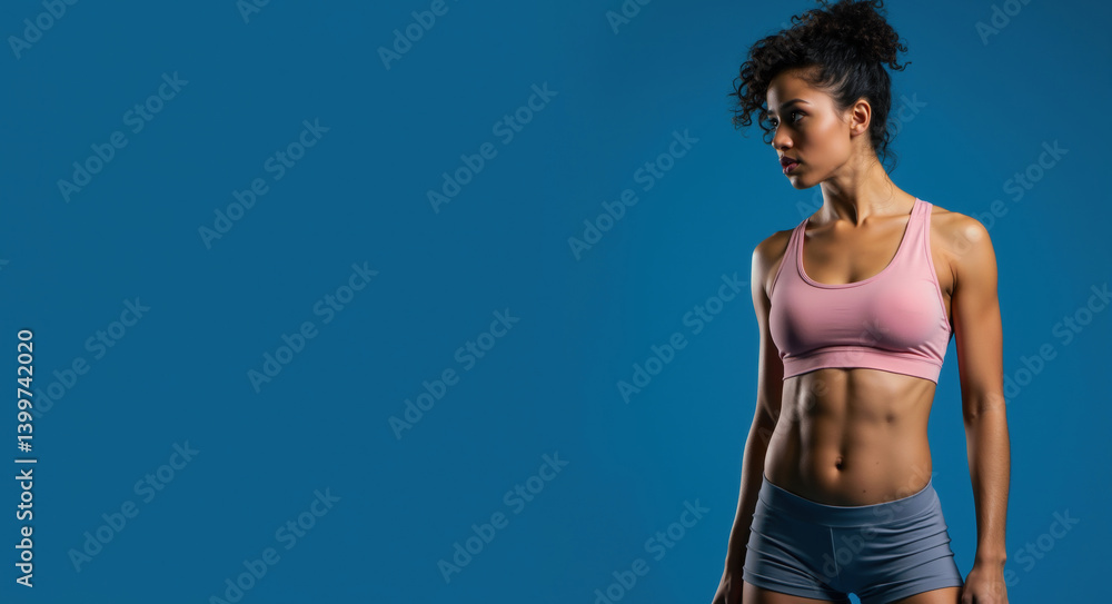 Fototapeta premium Fit woman in pink sports bra and gray shorts against blue background. Athletic body concept for fitness apparel advertising, sportswear marketing, workout program promotion