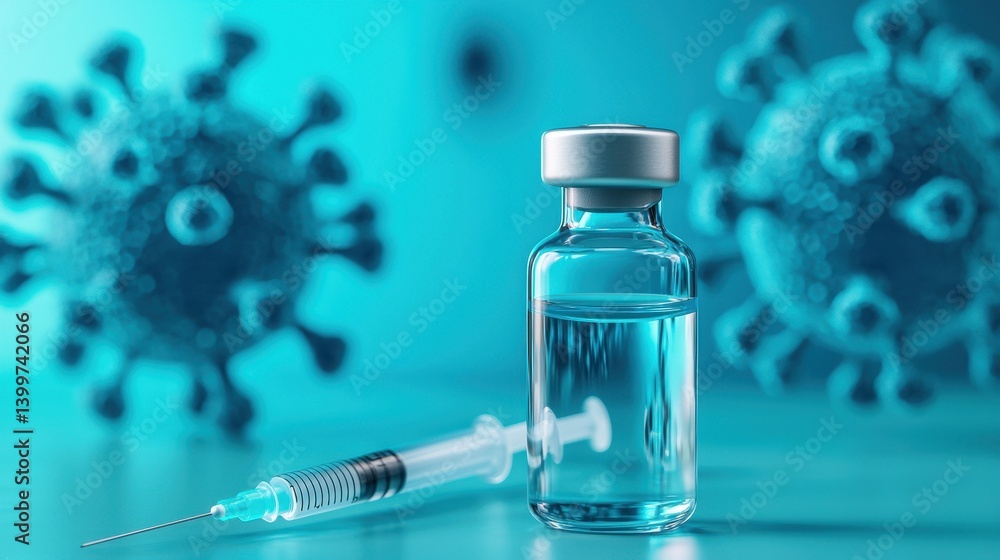 Vaccine vial and syringe with virus particles in background Vaccine vial and syringe with virus particles in background
