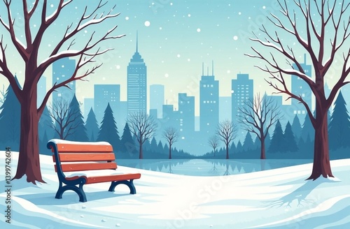 Winter landscape featuring a park bench in a snowy city setting with trees and skyscrapers in the background