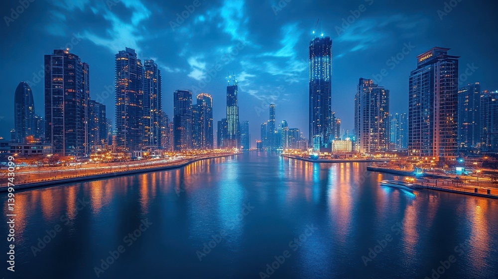 Fototapeta premium Vibrant evening skyline of modern cityscape with illuminated skyscrapers and reflective waters