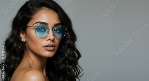 Wallpaper Mural Woman wearing blue tinted glasses against gray background. Beauty concept for eyewear advertising and vision correction promotion Torontodigital.ca