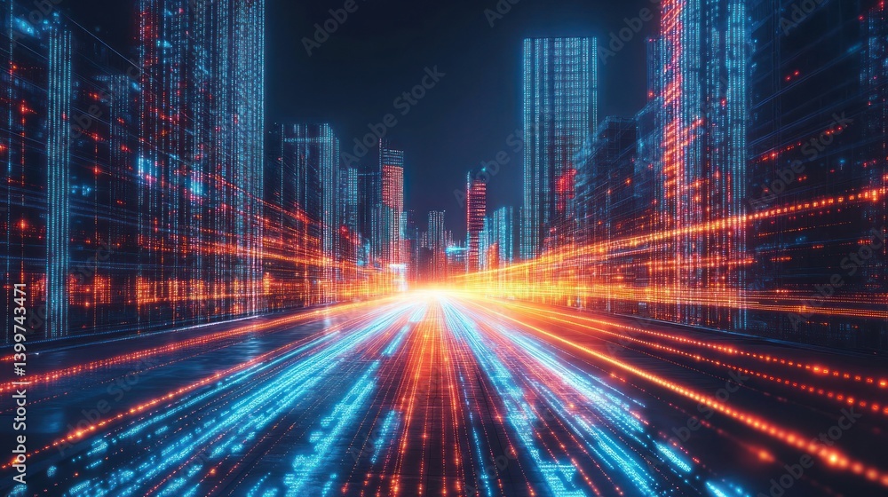 Futuristic Cityscape: Digital Highway of Light and Data Streams Futuristic Cityscape: Digital Highway of Light and Data Streams
