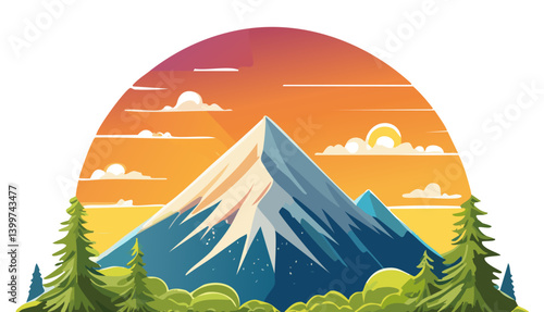 Illustration of Vibrant Mountain Landscape with Sunset and Evergreen Trees