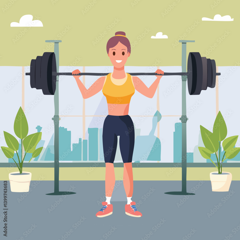 Fototapeta premium illustration of a woman lifting a barbell in a gym setting.