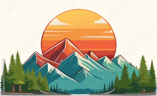 Illustration of Vibrant Mountain Landscape with Sunset and Evergreen Trees
