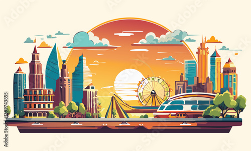 illustration of a vibrant cityscape at sunset, featuring iconic buildings, a Ferris wheel, and a train.